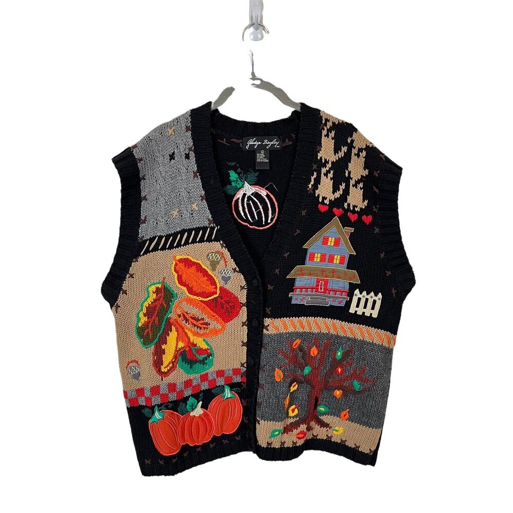 Fall Harvest Granny Sweater Vest Vintage 90s Pumpkins Falling Leaves Size Large